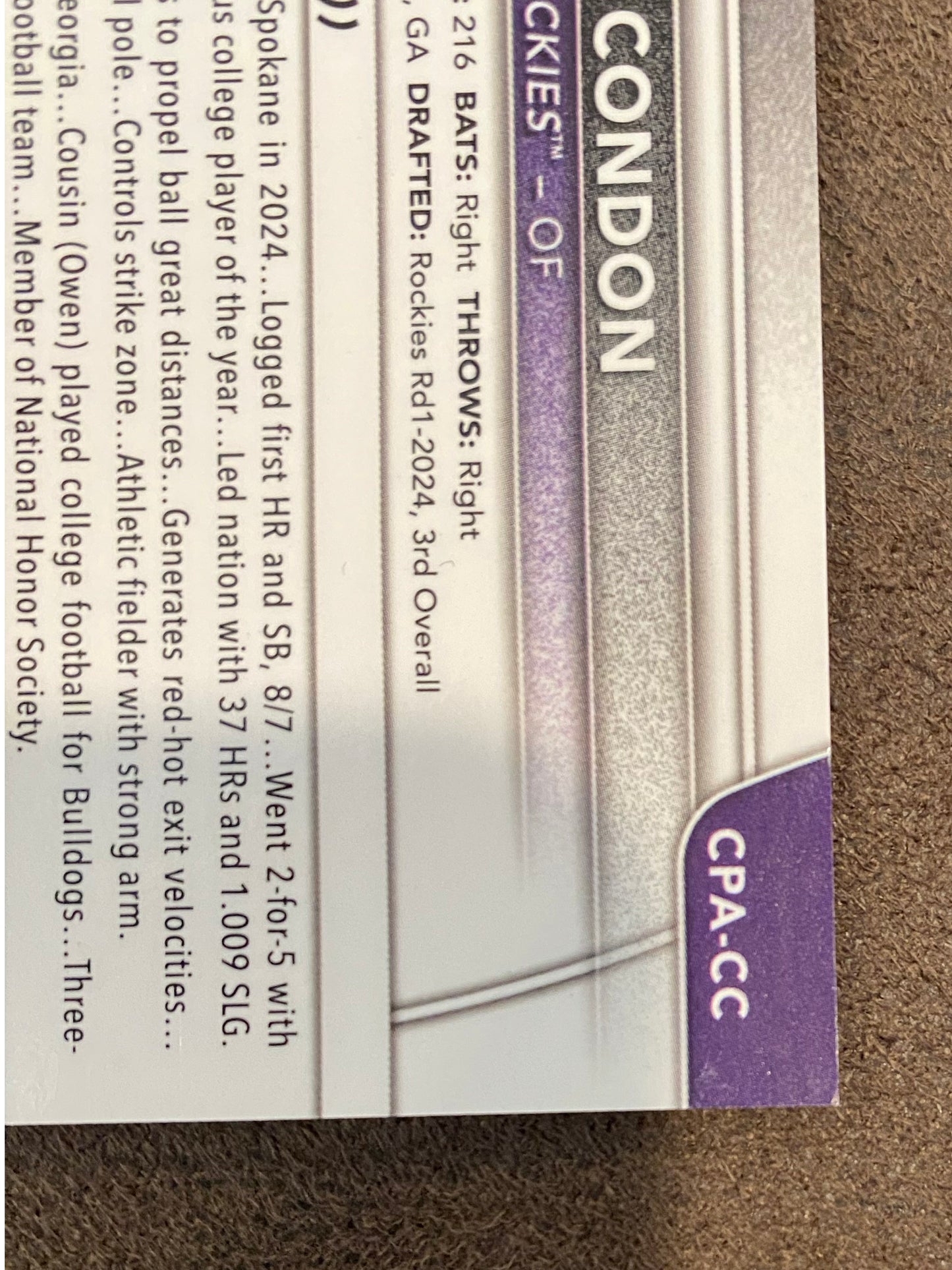 Charlie Condon - 2025 Bowman - Purple Color Match Refractor AUTO 1st Bowman /250 - Rockies