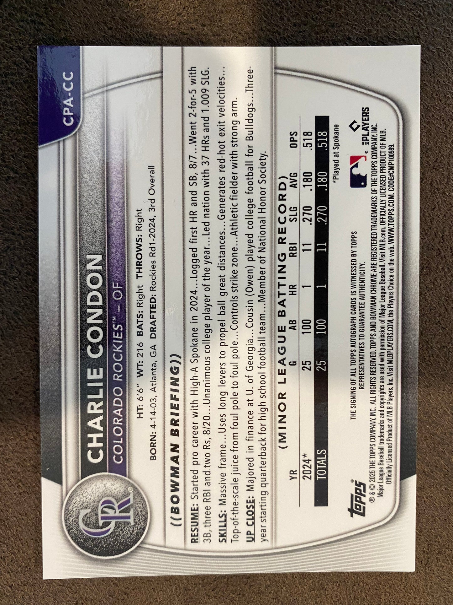 Charlie Condon - 2025 Bowman - Purple Color Match Refractor AUTO 1st Bowman /250 - Rockies