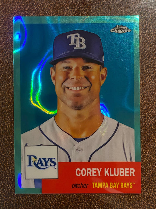 Corey Kluber - 2022 Topps Chrome Platinum Anniversary - Aqua Raywave /299 - Rays