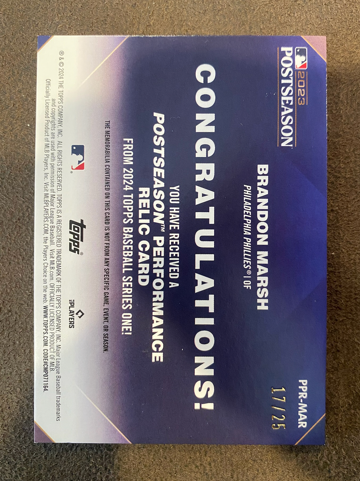 Brandon Marsh - 2024 Topps Series 1 - Postseason Performance Game-Used RELIC /25 - Phillies