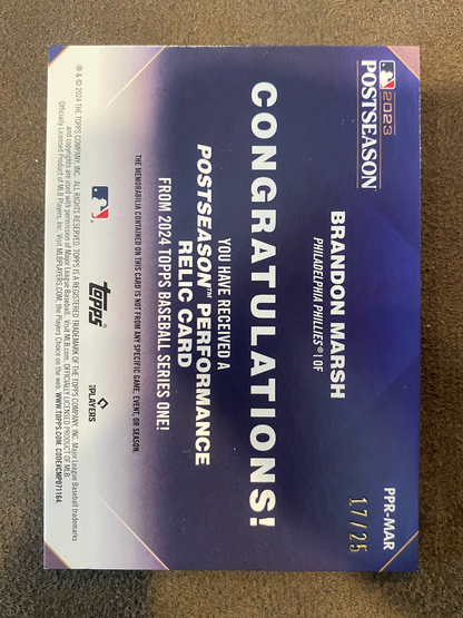 Brandon Marsh - 2024 Topps Series 1 - Postseason Performance Game-Used RELIC /25 - Phillies