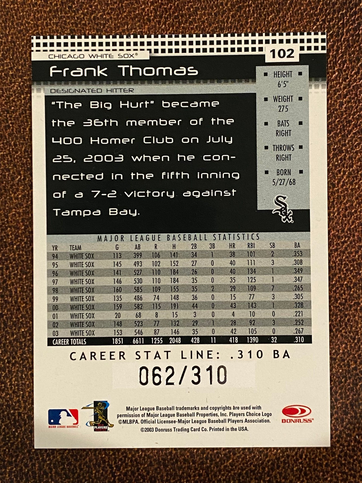 Frank Thomas - 2004 Donruss - Career Statline Foil /310 - White Sox