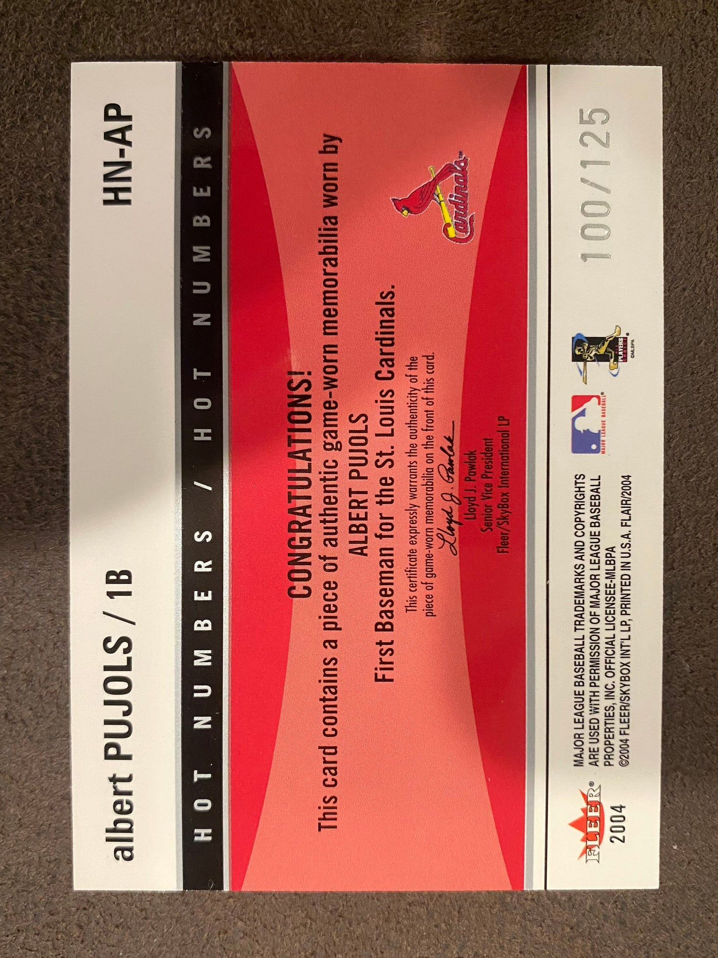 Albert Pujols - 2004 Fleer Flair - Hot Numbers Game-Used RELIC /125 - Cardinals