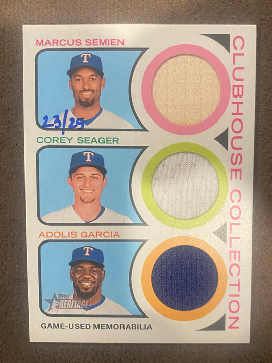 Semien/Seager/Garcia - Clubhouse Collection Triple Relic /25 - 2022 Topps Heritage High Number - Rangers