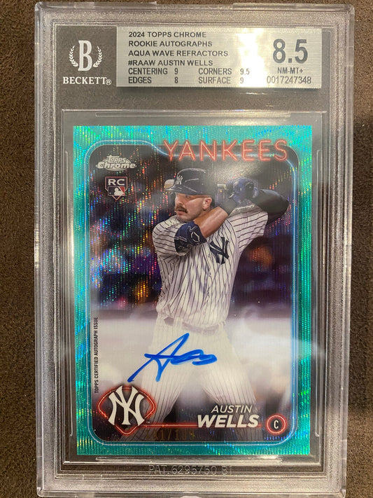 Austin Wells - 2024 Topps Chrome - Aqua Wave Refractor AUTO /199 (BGS 8.5) - Yankees