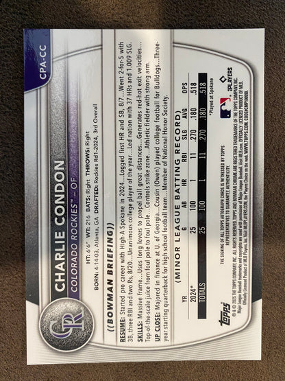 Charlie Condon - 2025 Bowman - Purple Color Match Refractor AUTO 1st Bowman /250 - Rockies