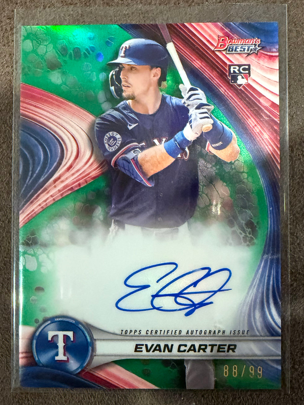Evan Carter - 2024 Bowman's Best - GREEN Refractor Rookie AUTO /99 - Rangers