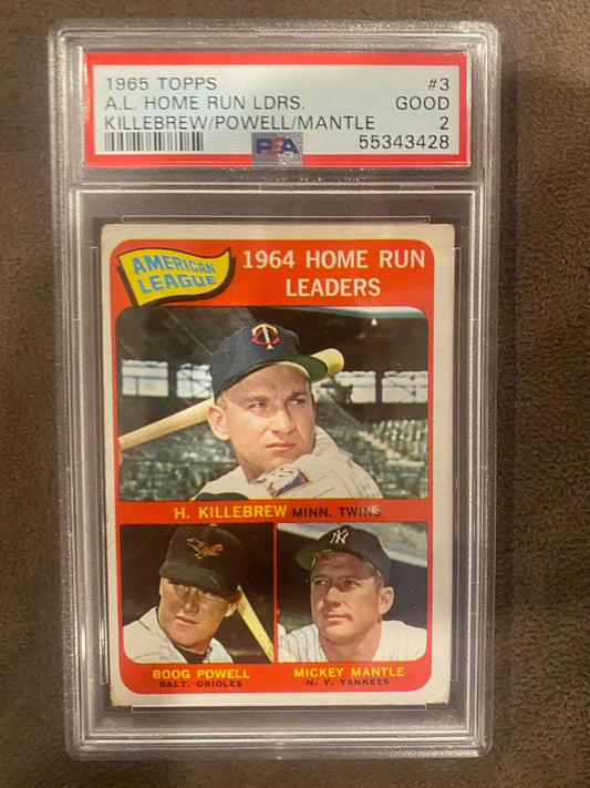 Mantle/Killebrew/Powell - 1965 Topps - #3 - AL Home Run Leaders (PSA 2) - Yankees