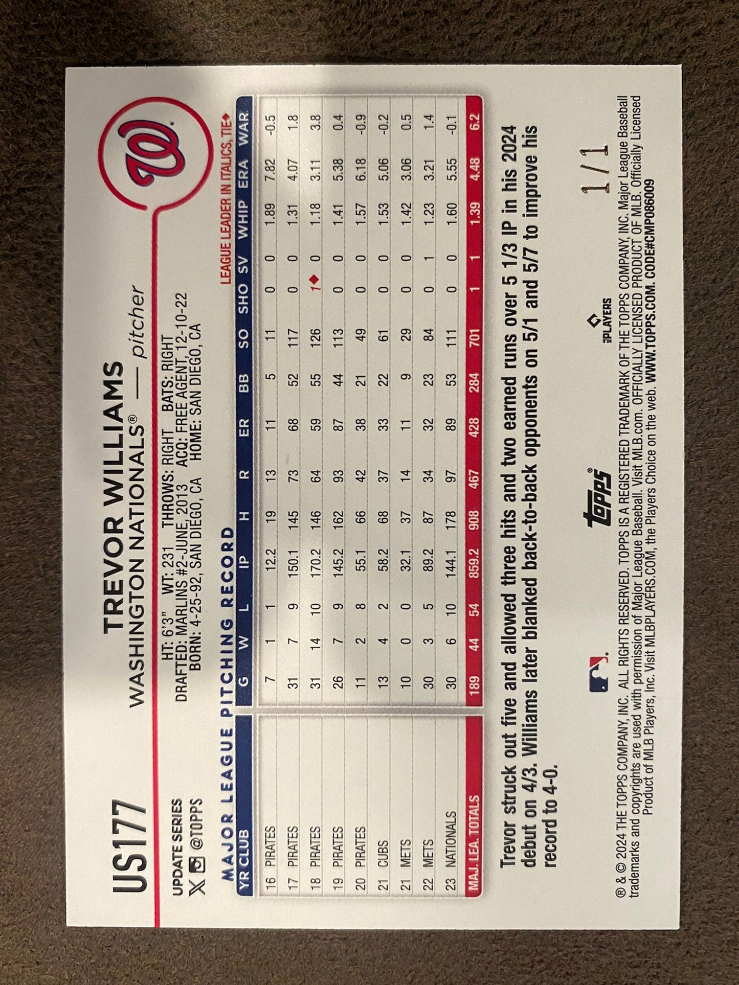 Trevor Williams - 2024 Topps Update - First Card 1/1 - Nationals