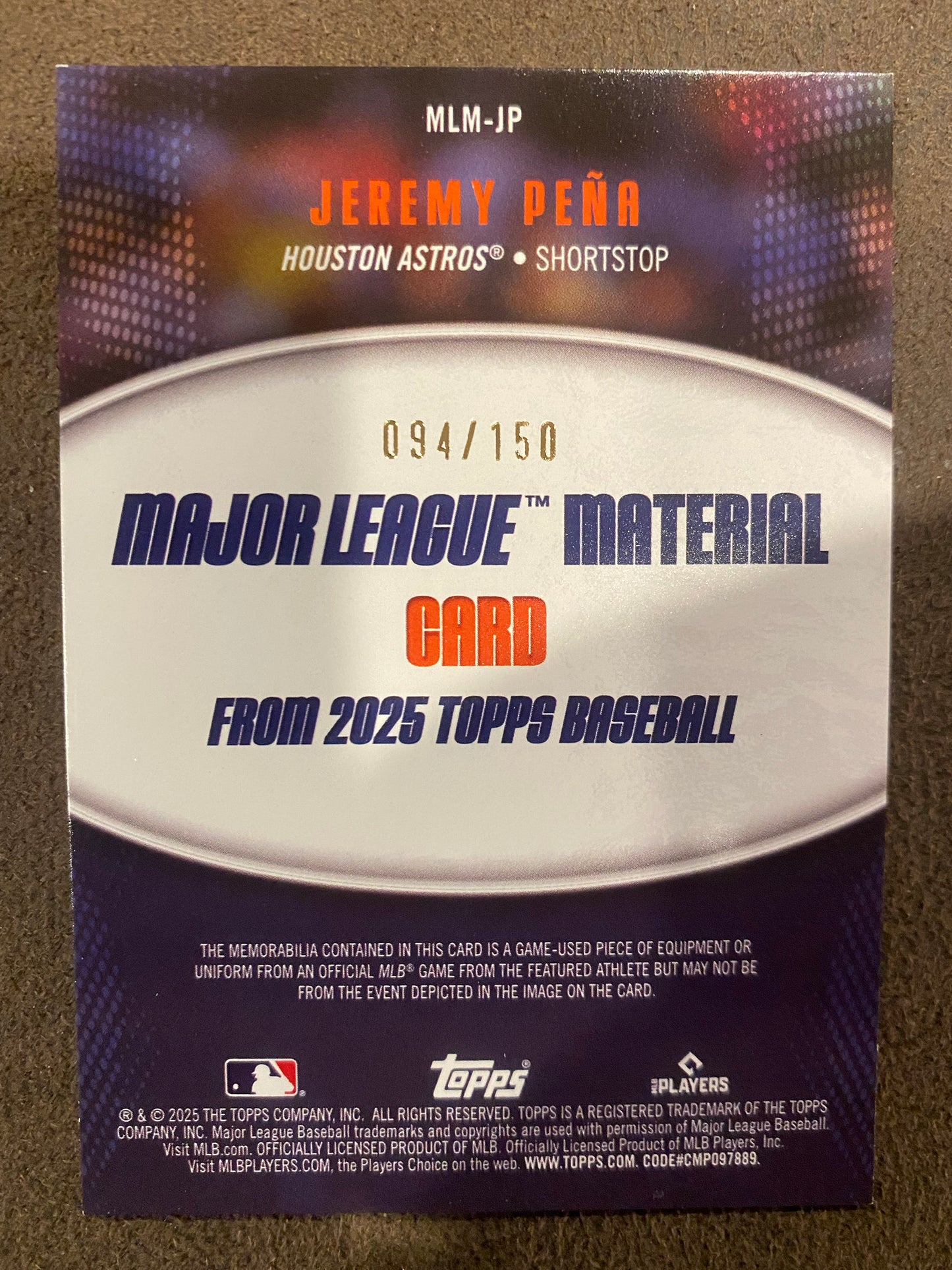Jeremy Pena - 2025 Topps Series 1 - Major League Material Game Used BLUE RELIC /150 - Astros