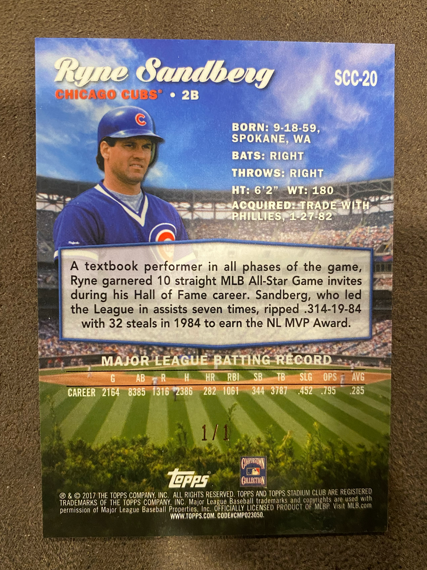 Ryne Sandberg - 2017 Topps Stadium Club - Superfractor 1/1 - Cubs