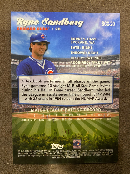 Ryne Sandberg - 2017 Topps Stadium Club - Superfractor 1/1 - Cubs